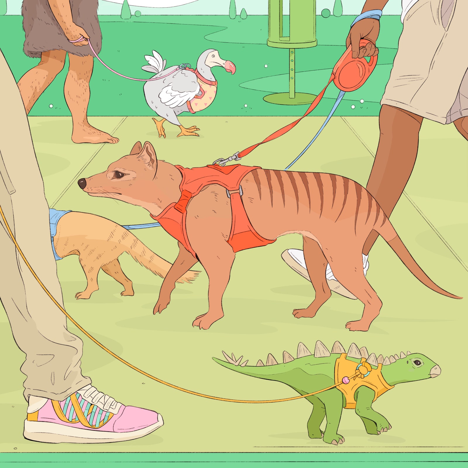 An illustration of a group of extinct pets being walked by their owners.