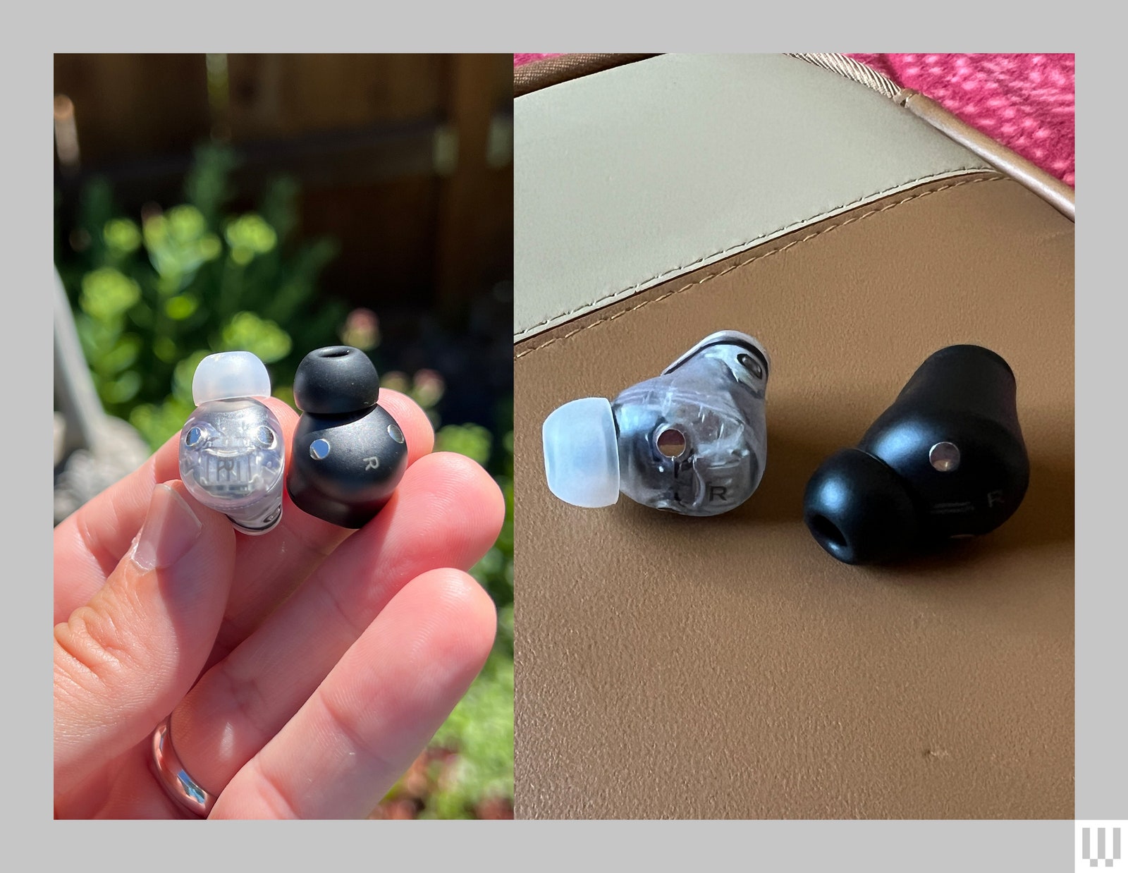 Left Hand holding 2 different types of earbuds side by side. Right White and black earbuds sitting on leather surface.