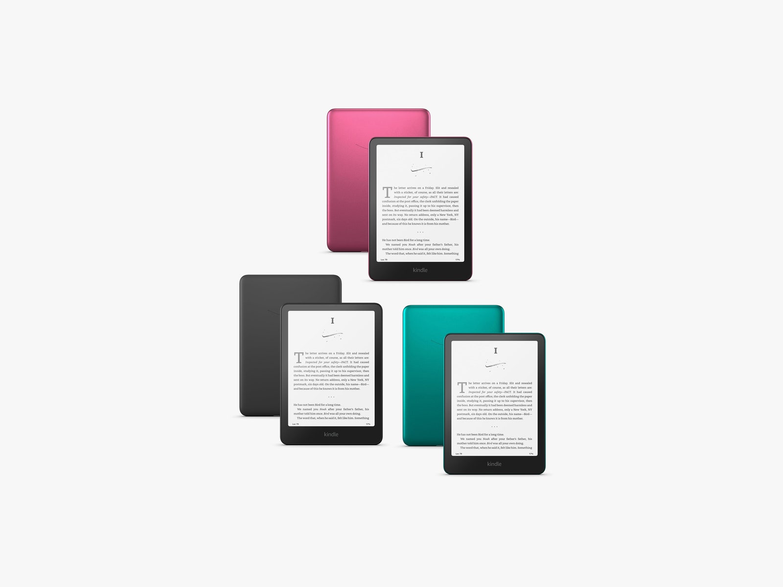 3 different Kindle Paperwhites ereaders in black pink and teal