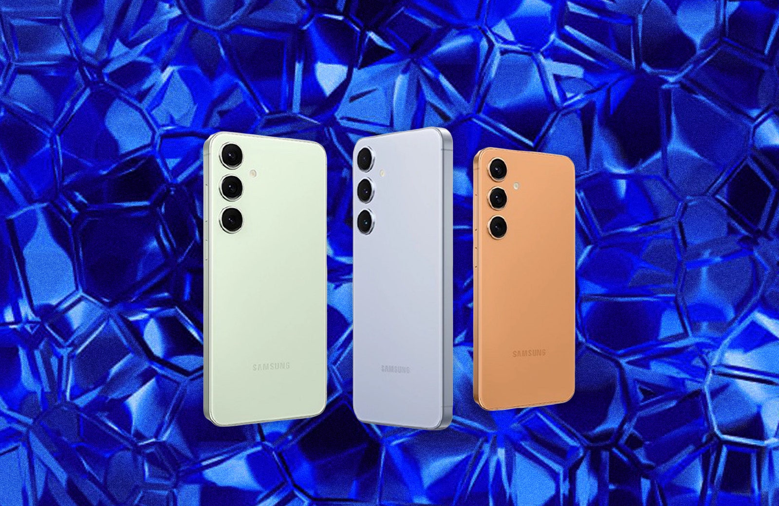 The backside of 3 mobile phones in mint blue and orange. Decorative background blue shards.