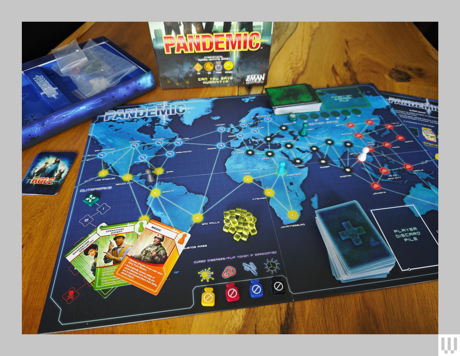 Board game on wooden surface. Box is in the background the board of a world map with stacks of playing cards in the center.