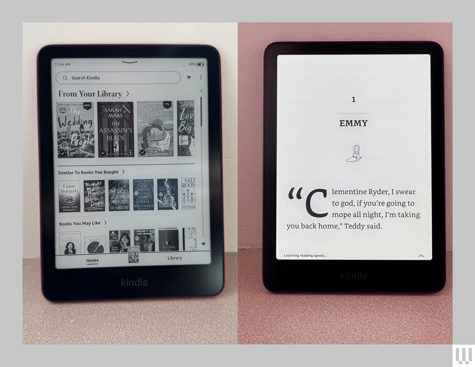 Two Kindle Paperwhite devices slim ereaders with the left Kindle screen showing a catalogue of ebooks and the right...