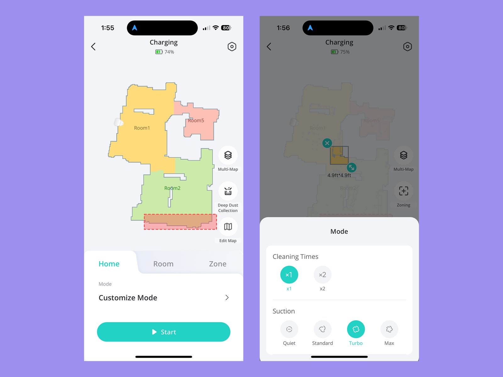 Screenshots from the app for Eufy E20 3In1 Robot Vacuum showing a floorplan of a residence and how to customize the mode...