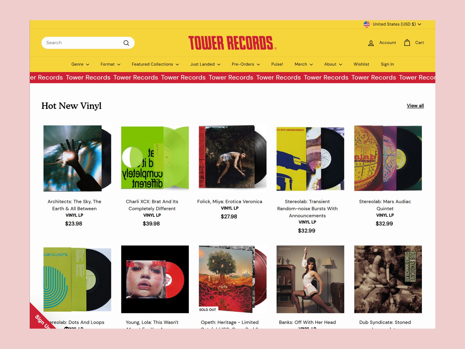 Screenshot of Tower Records a website to purchase vinyl records