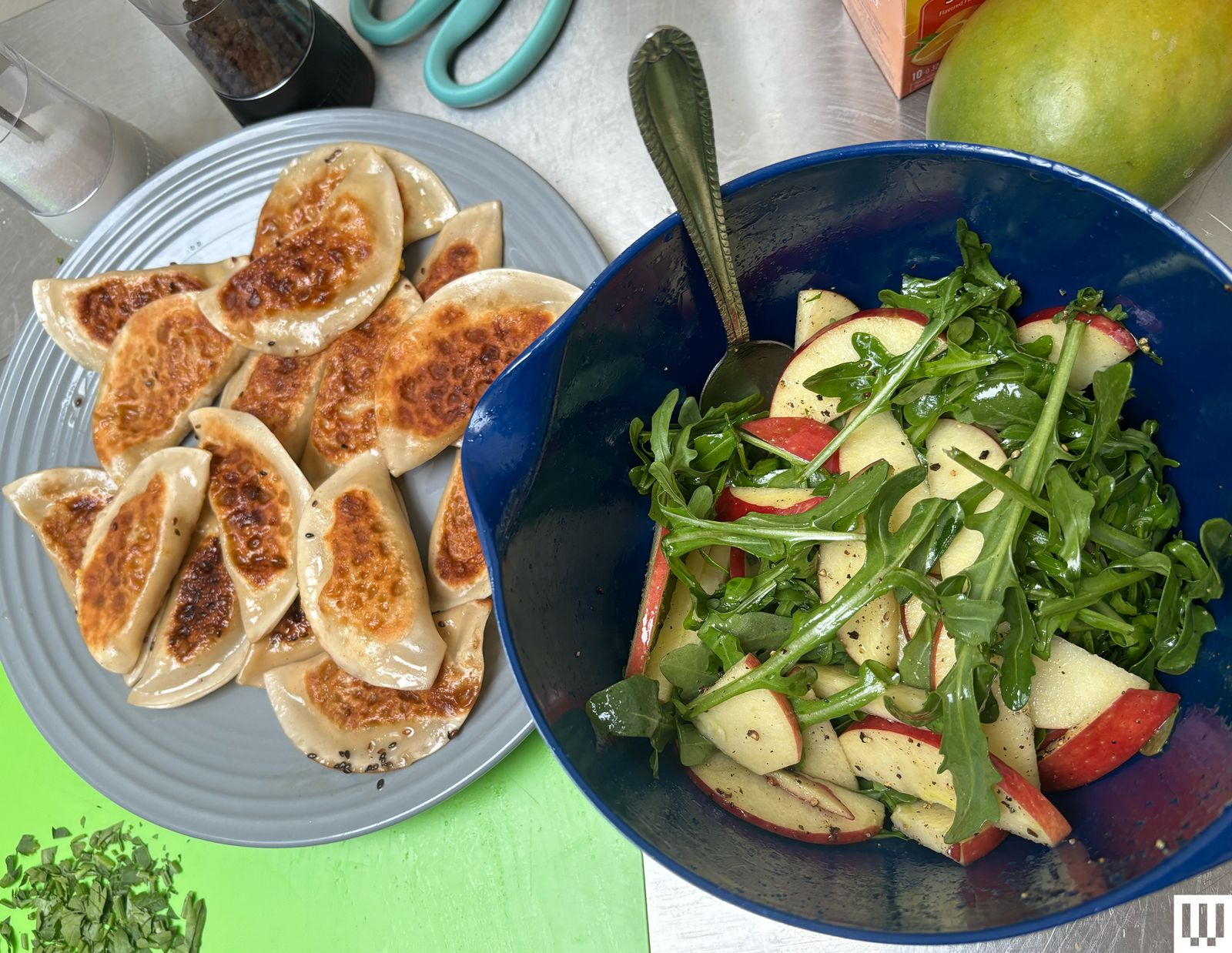 Purple Carrot dumpling and apple salad made and ready to eat