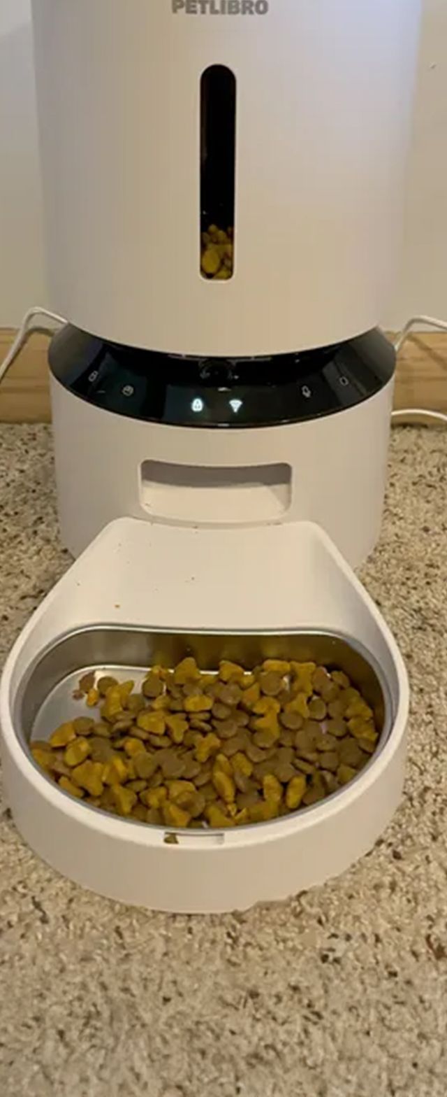 Front view of the Petlibro Granary Feeder, a white cylindrical device with a bowl of cat food at the bottom