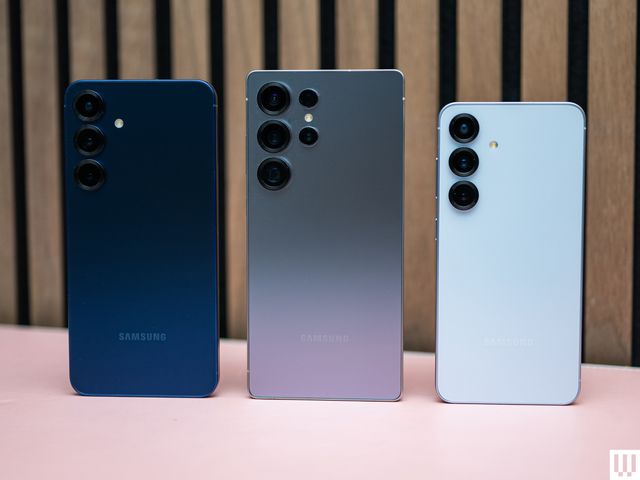 Rear view of three smartphones (Samsung Galaxy S25, S25+, and S25 Ultra) showing the camera lenses of each