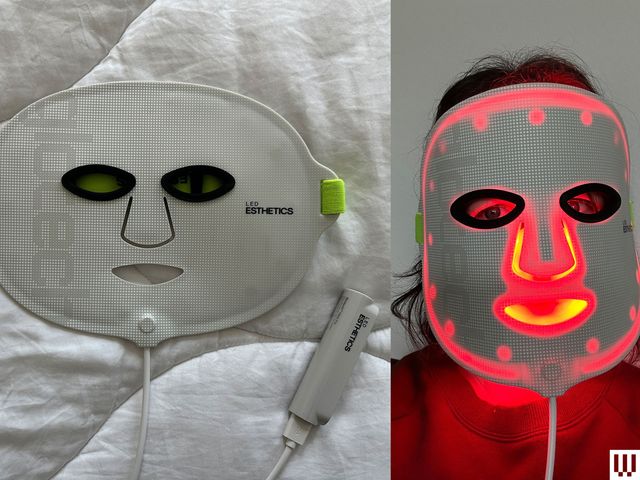 Left: A white facial mask and remote on laying flat on a white blanket. Right: Person wearing a white facial mask that has red lights on the inside.
