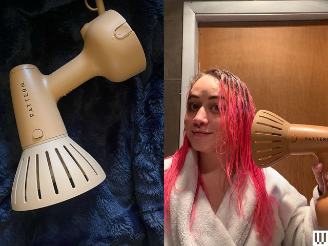 Side by side of the Pattern Hair Steamer, a beige handheld device with a cone-shaped end and disc-shaped base, beside a person with long pink wearing a white robe hair using the device