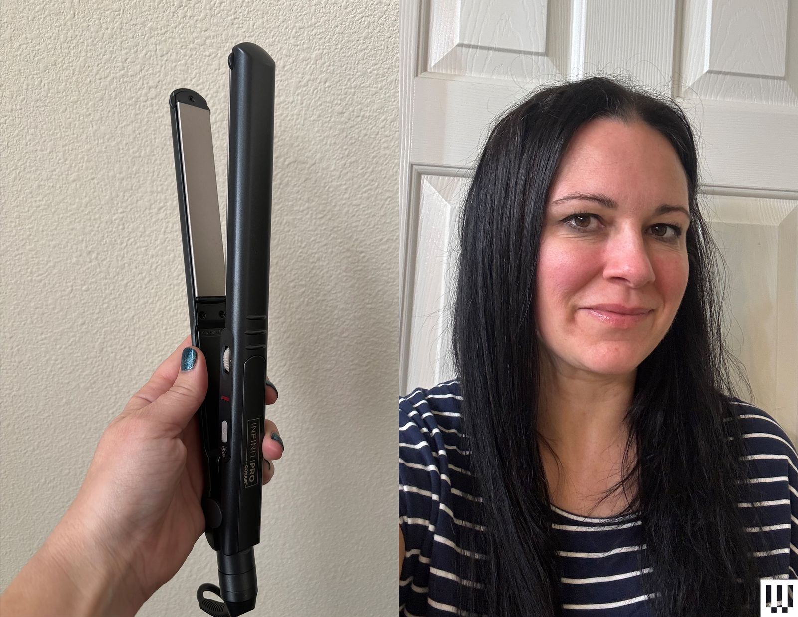Left Hand holding a thin black hair straightener showing a silver colored panel on the inside of one of the clamps....