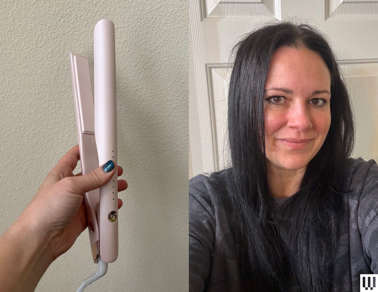 Left Hand holding a thin light pink hair straightener showing a panel on the inside of one of the clamps. Right Selfie...