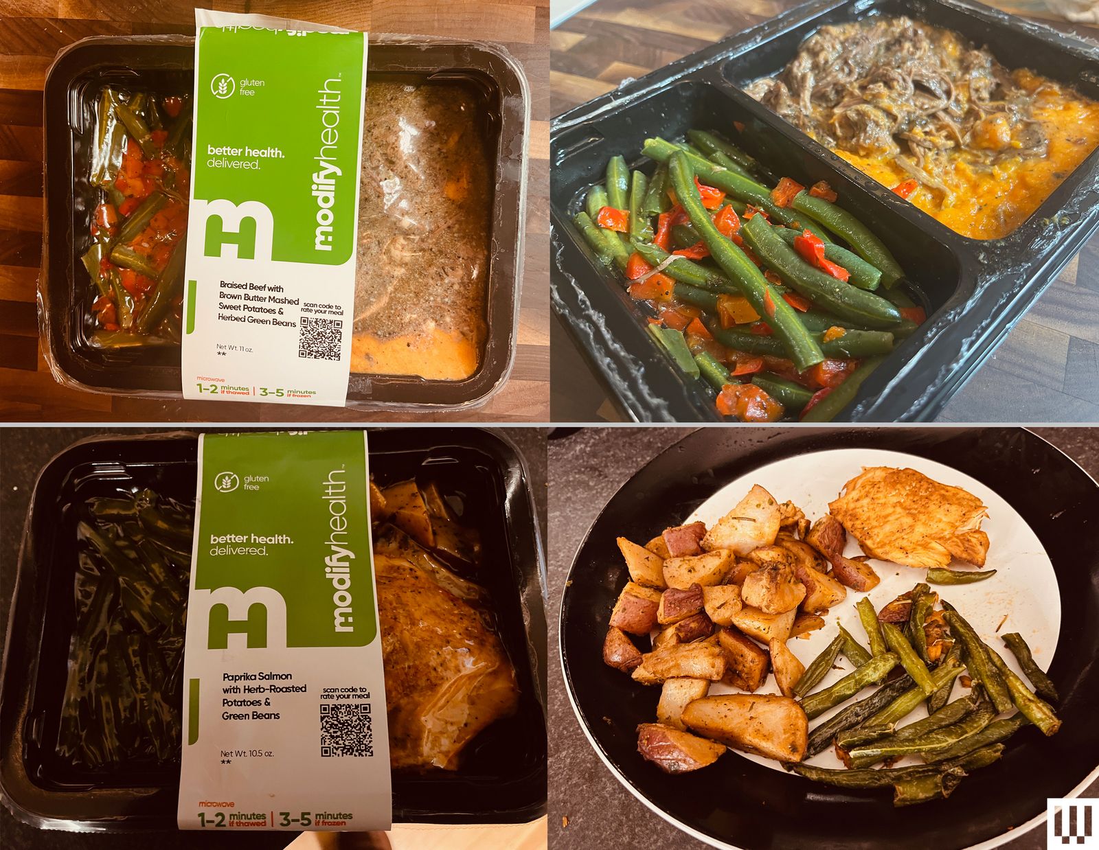 Left side shows two prepackaged meals one of braised beef and the other of paprika salmon. The right shows the cooked meals.