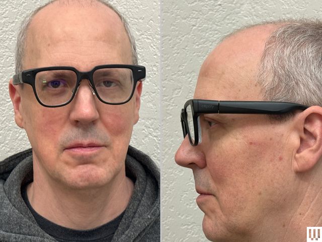 Front and side view of a person wearing black smart glasses