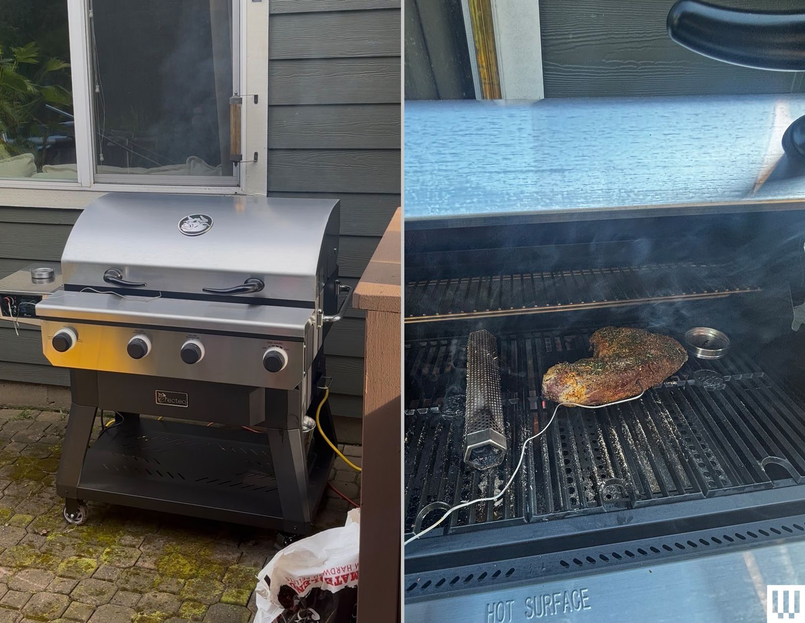 Large silver outdoor grill shown closed as well as open with a piece of meat inside