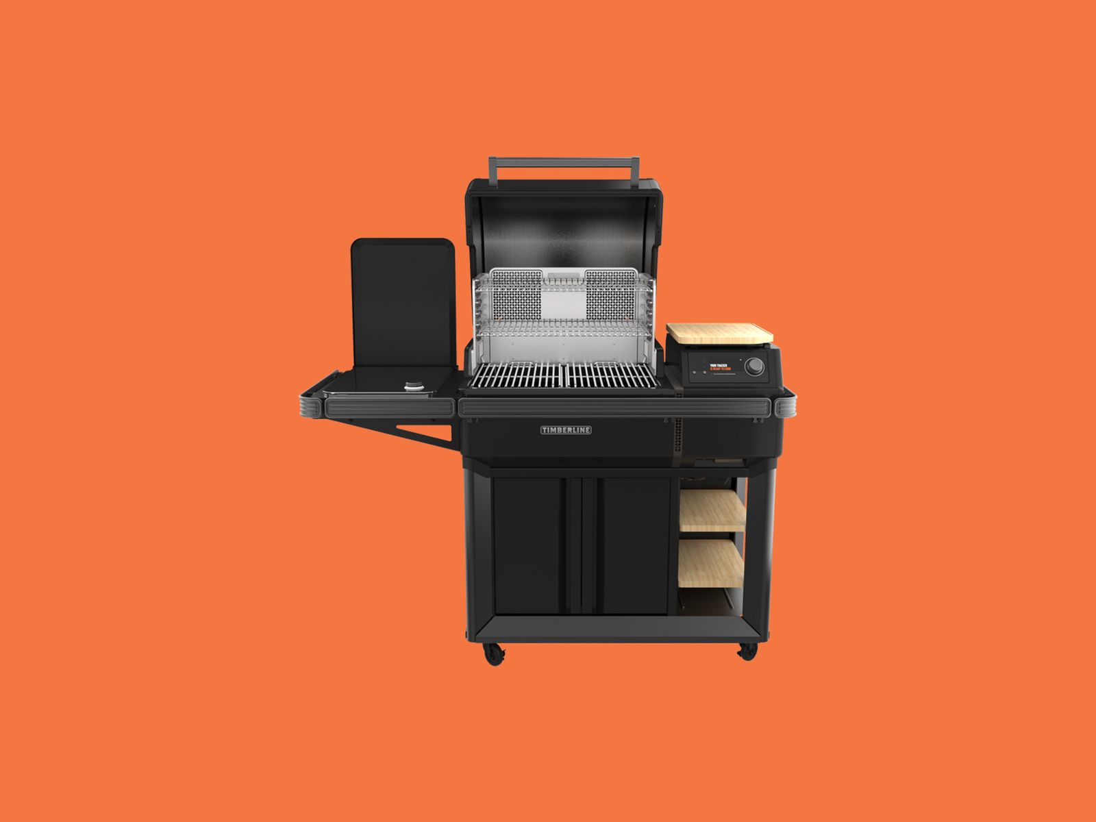 Traeger Timberline grill with lid and cabinets open