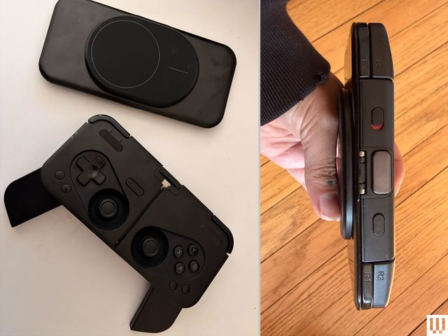 Black mobile gaming controller shown separate as well as attached to a phone
