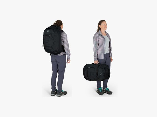 Comparison of a person wearing a large backback beside the same person carrying the bag in their hand