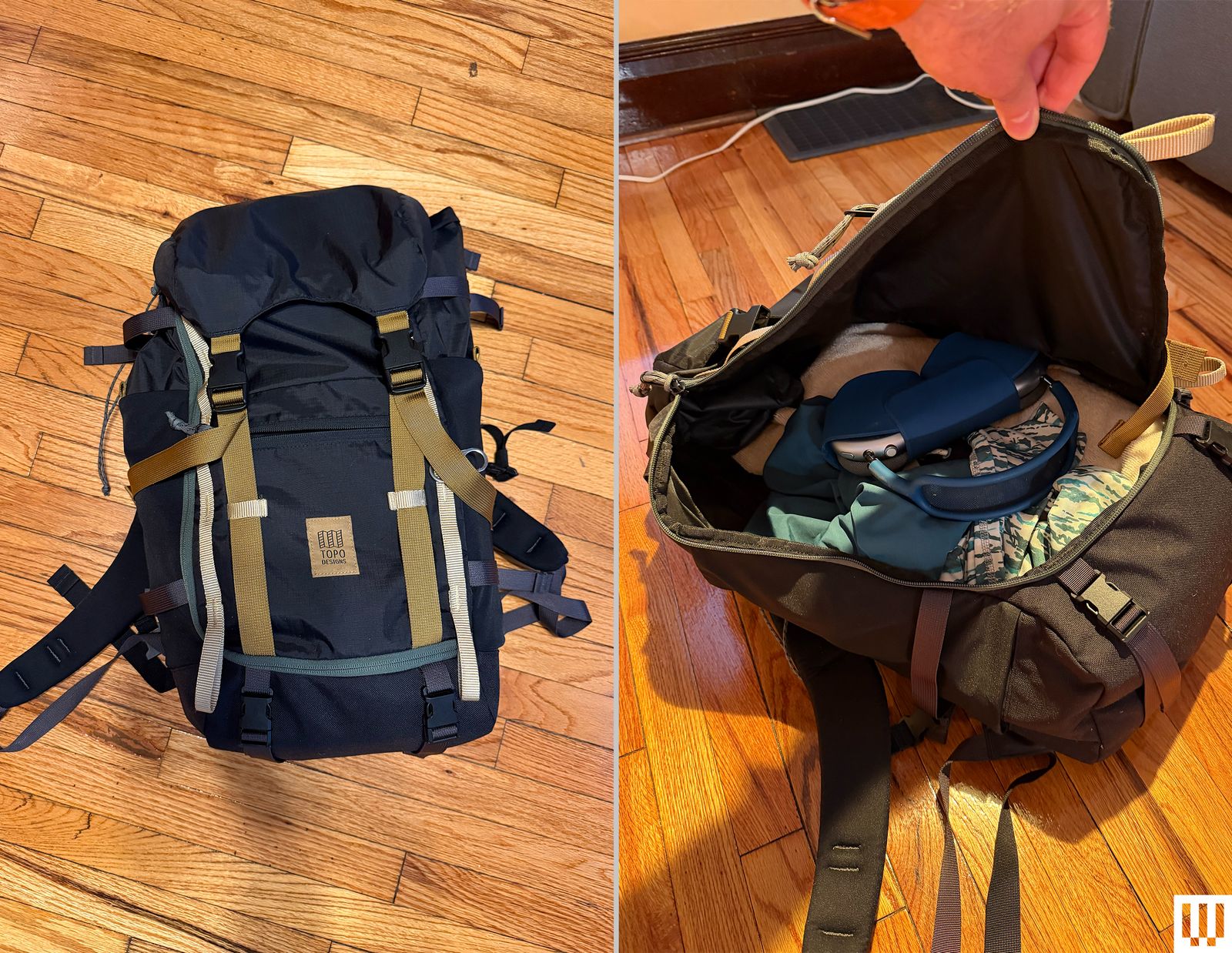 Backpack with straps shown closed and open with the flap up